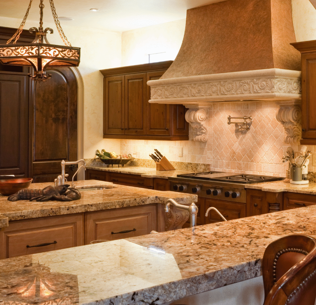 Updated Tuscan-style kitchen with light stone countertops in a Southlake, Texas home
